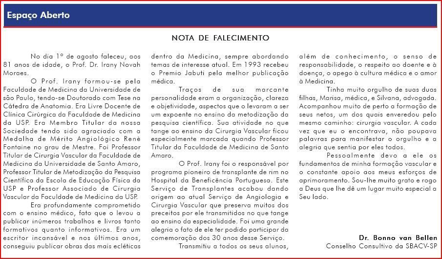 Nota de falecimento do Prof. Irany Novah Moraes publicada no boletim Espaço Aberto da SBACV-SP