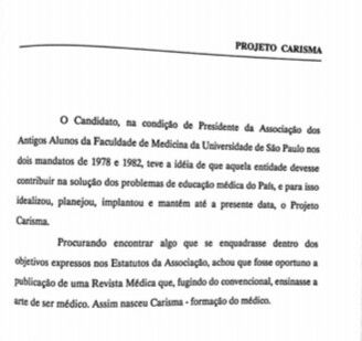 Primeira página do documento sobre o Projeto Carisma